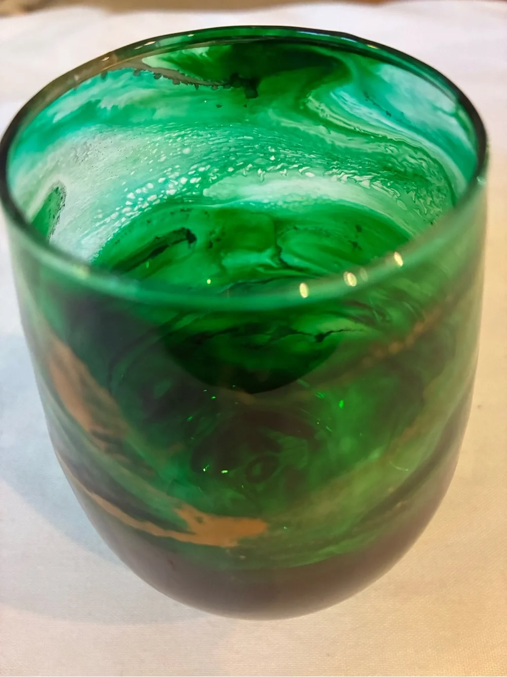 Handblown Green Glass Vase Wine Glass with Gold Veining Emerald Green Glass